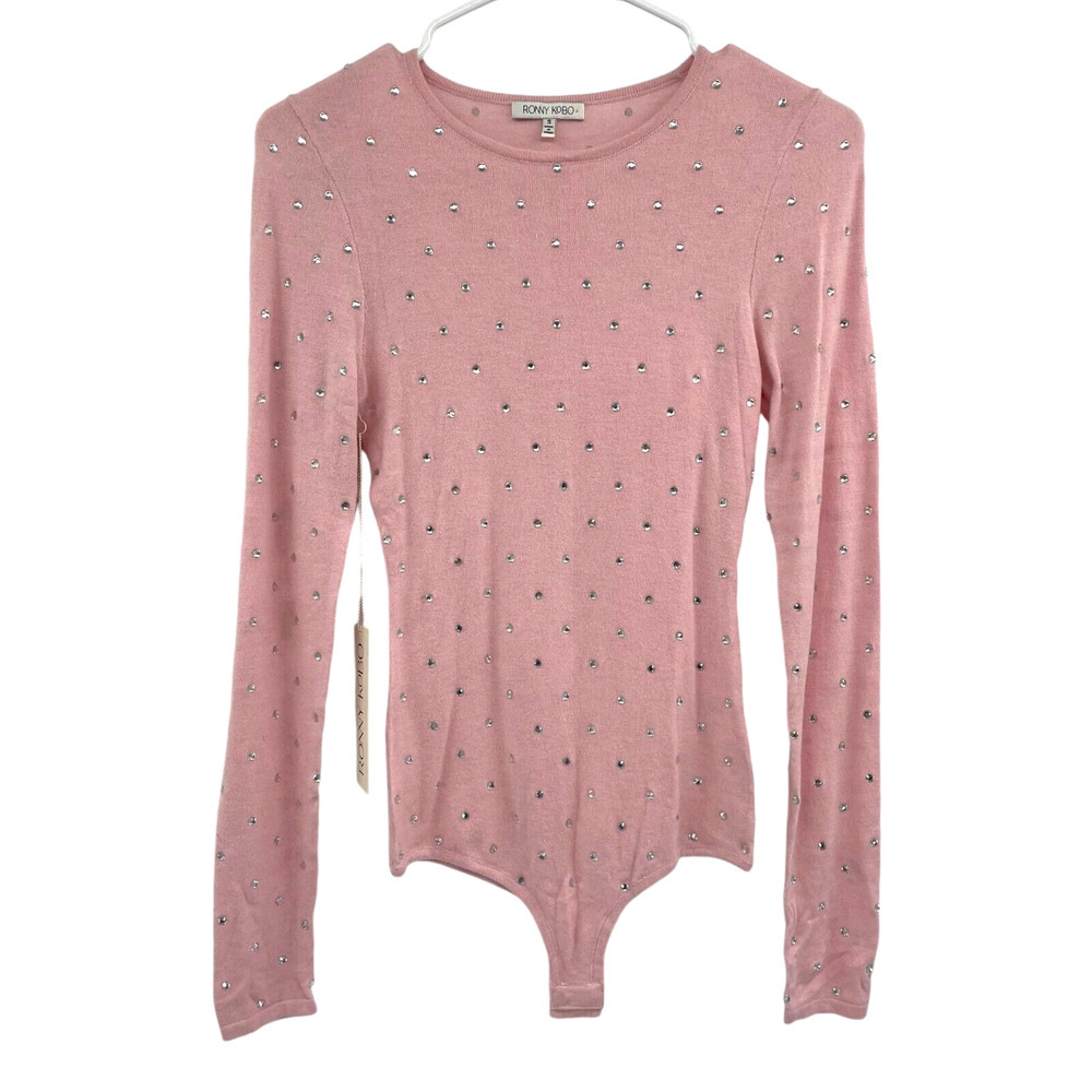 Ronny Kobo Womens Pink Chani Bodysuit Rhinestone Long Sleeve Knitted Size S NWT